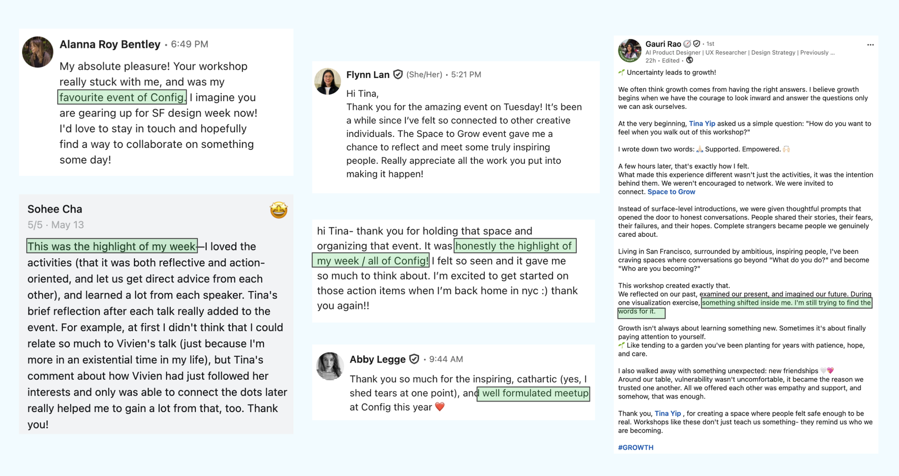 Screenshots of unprompted attendee messages and a LinkedIn post about Tina's Figma Config events, with key lines highlighted in green