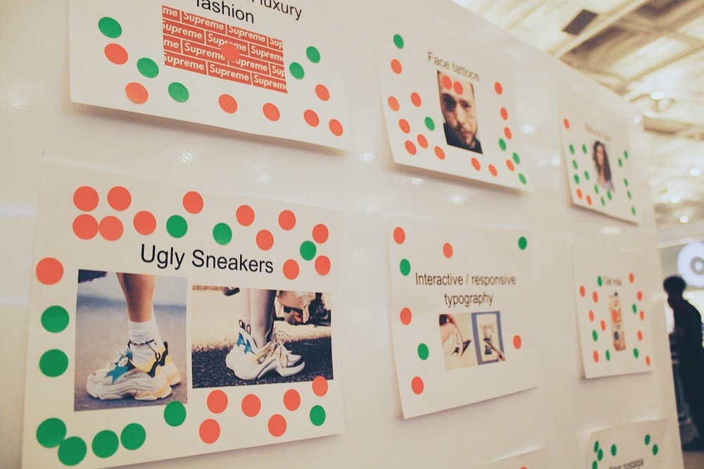 Trend boards dotted with red and green voting stickers